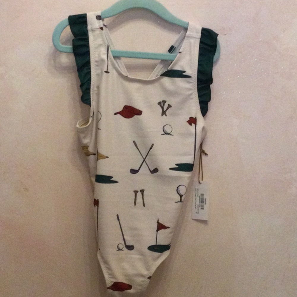 Golf Print One-Piece Swimsuit with Green Ruffle Straps